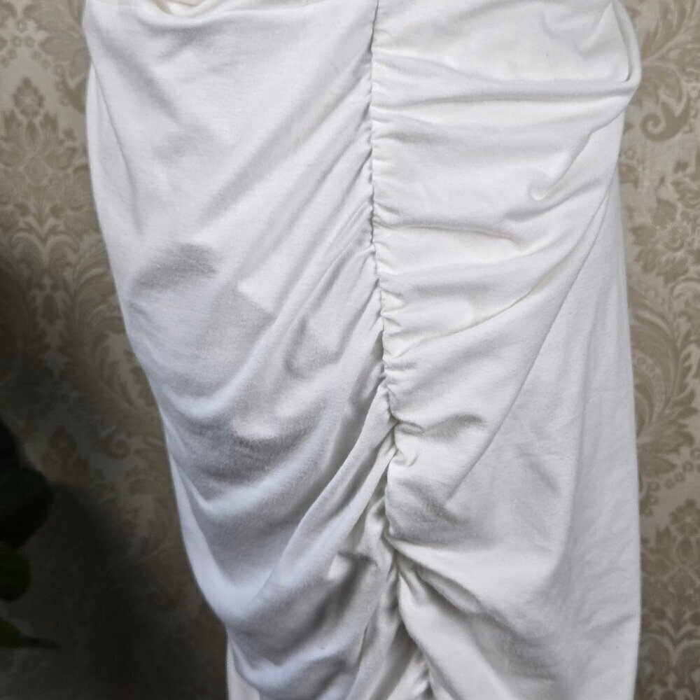 Athleta Size Large White T-Shirt Jersey Knit Dress Ruched Skirt Casual V-Neck - Picture 8 of 16